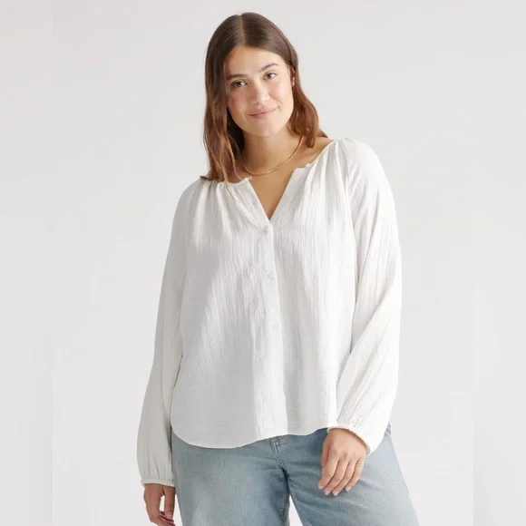 Quince 100% Organic Cotton Gauze Peasant Blouse; White; Medium - Picture 1 of 10